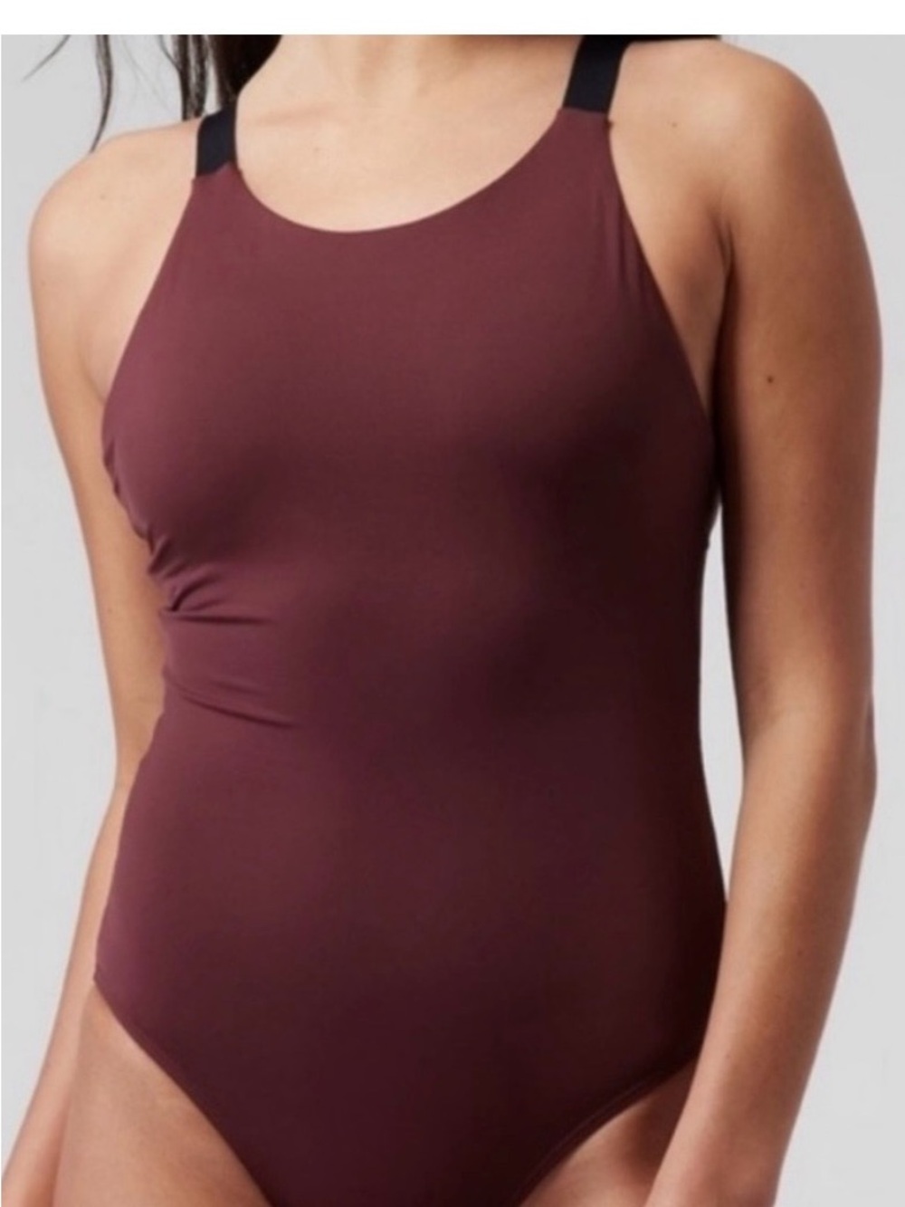 Athleta High-Neck One-Piece Swimsuit in Wine with Black Straps